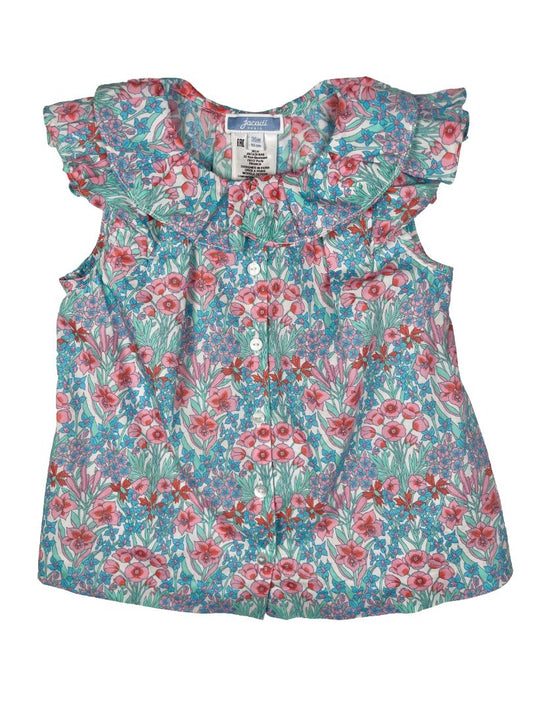 36 mo, Jacadi, Multi-color, Sleeveless, spring floral cotton blouse, button-up/collared, blue/pink/green