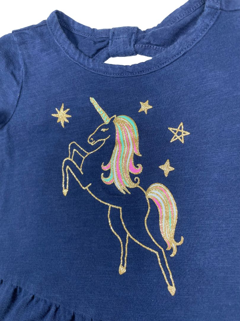 9-12 mo, OshKosh B'Gosh, Blue, Glitter unicorn t-shirt, ruffle bottom, bow back