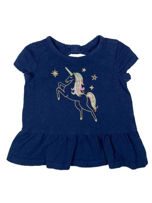 9-12 mo, OshKosh B'Gosh, Blue, Glitter unicorn t-shirt, ruffle bottom, bow back