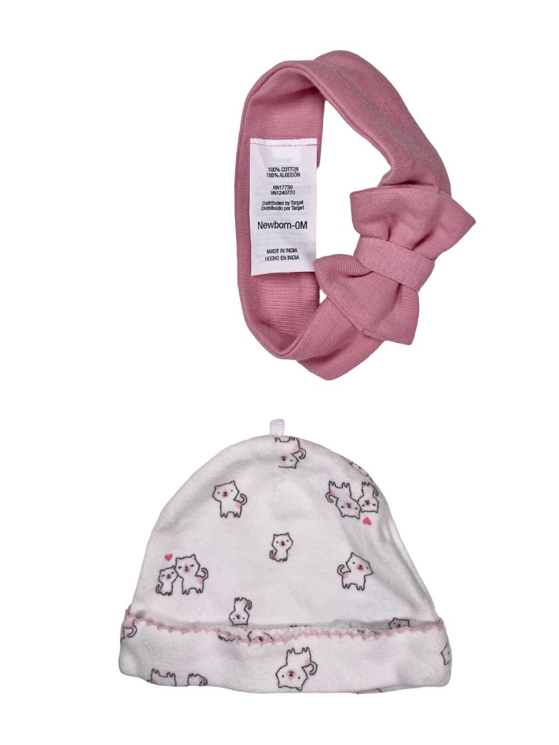 0 mo / Newborn, Multi-Brand, Pink, Baby bundle - 3 pairs leggings, bow headband, cat print beanie