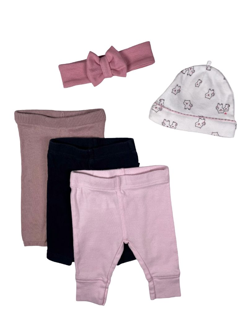 0 mo / Newborn, Multi-Brand, Pink, Baby bundle - 3 pairs leggings, bow headband, cat print beanie