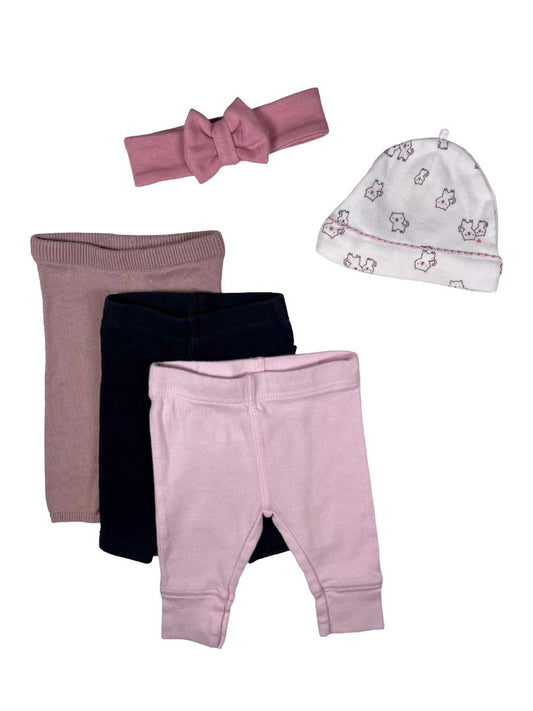 0 mo / Newborn, Multi-Brand, Pink, Baby bundle - 3 pairs leggings, bow headband, cat print beanie