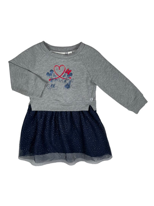 18-24 mo, babyGap, Grey, Sweatshirt-top Mickey & Minnie dress w/ navy & silver polka-dot tulle skirt