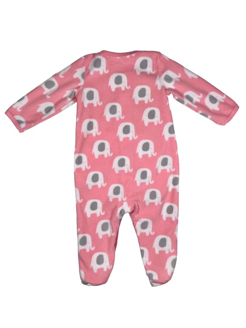 6 mo, Carter's, Pink, Elephant print fleece footed Sleep & Play, snap-up, white/grey