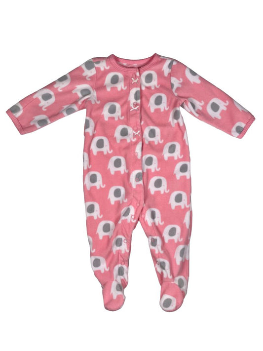6 mo, Carter's, Pink, Elephant print fleece footed Sleep & Play, snap-up, white/grey