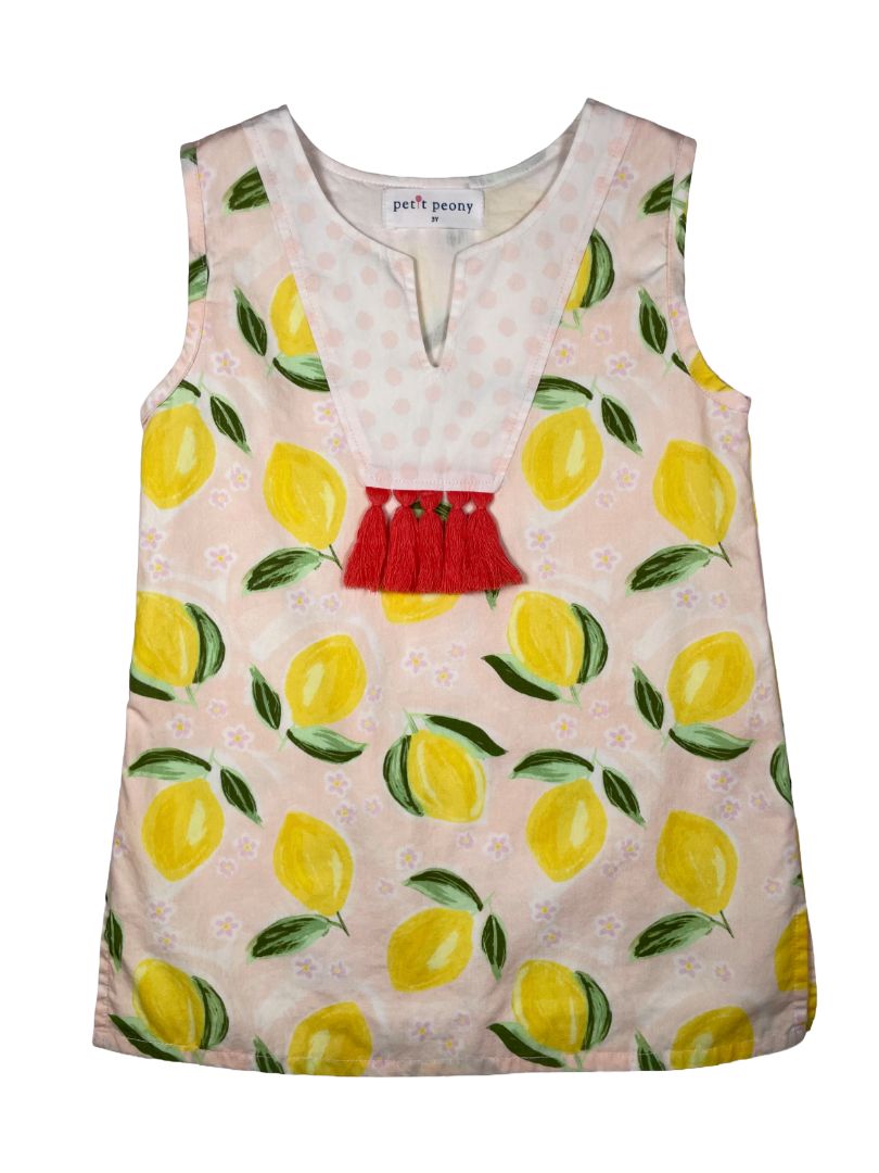 3/3T, Petit Peony, Pink, Sleeveless lemon & floral print dress, pink tassels, lined