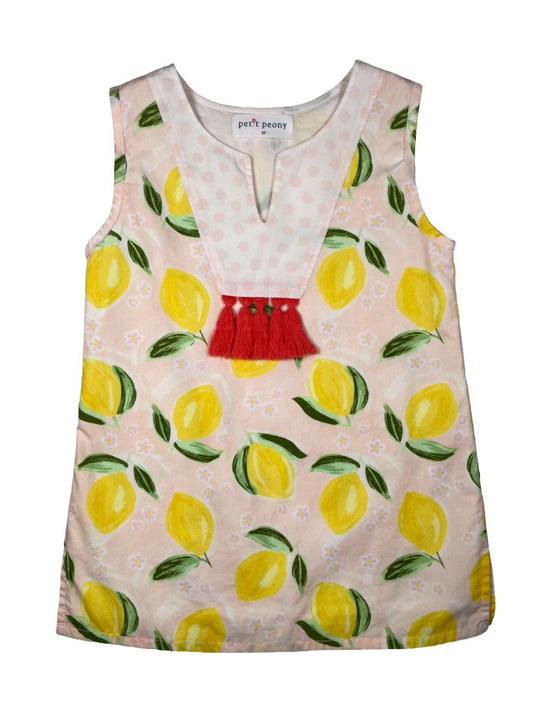 3/3T, Petit Peony, Pink, Sleeveless lemon & floral print dress, pink tassels, lined