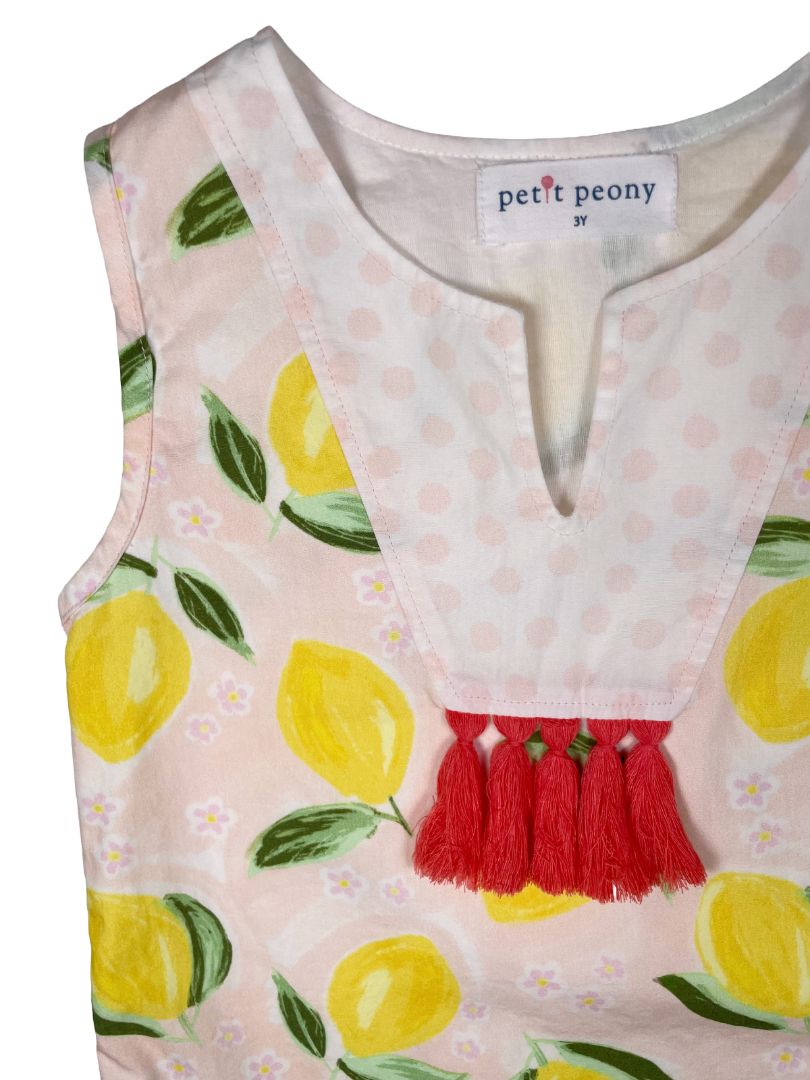 3/3T, Petit Peony, Pink, Sleeveless lemon & floral print dress, pink tassels, lined