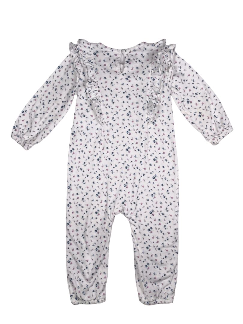 12-18 mo, babyGap, White, Long-sleeve coverall, small floral print w/ ruffles at chest, blue/purple