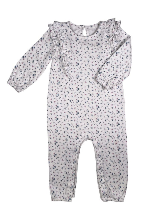 12-18 mo, babyGap, White, Long-sleeve coverall, small floral print w/ ruffles at chest, blue/purple