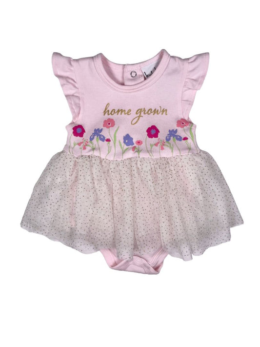 6-9 mo, Nicole Miller, Pink, "Home Grown" short-sleeve bodysuit w/ golden polka dot tulle skirt