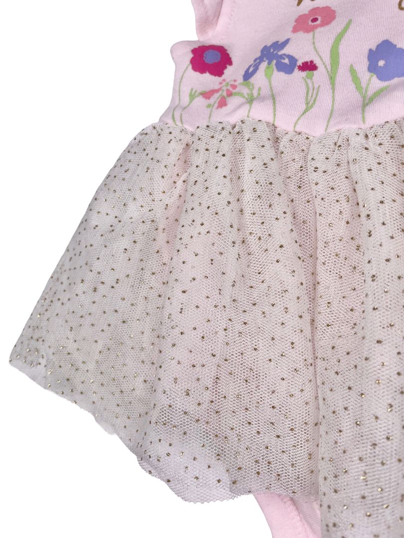 6-9 mo, Nicole Miller, Pink, "Home Grown" short-sleeve bodysuit w/ golden polka dot tulle skirt