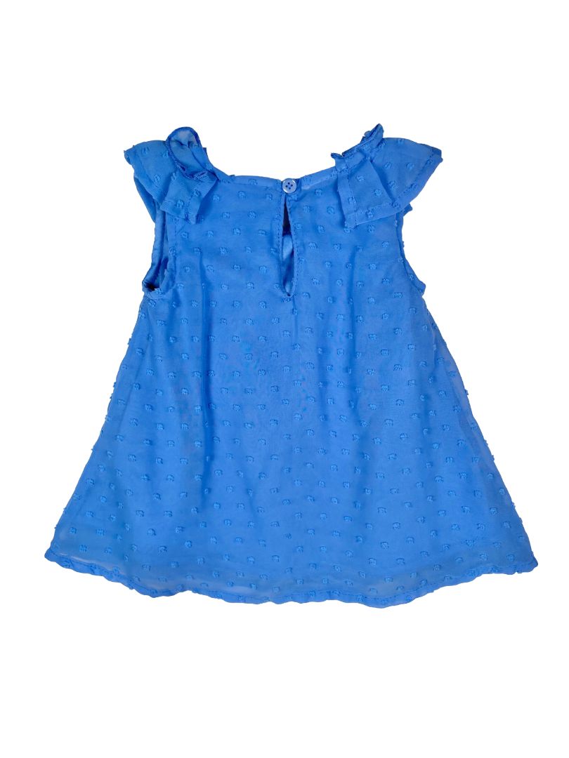 9-12 mo, Koala Kids, Blue, Sleeveless swiss dot dress, ruffles at shoulders