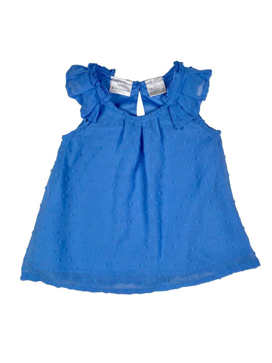 9-12 mo, Koala Kids, Blue, Sleeveless swiss dot dress, ruffles at shoulders