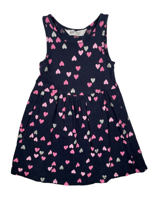 2-4, H&M, Blue, Sleeveless heart print dress, pink/silver