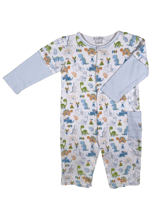 9 mo, Kissy Kissy, White, Pima cotton dinosaur playsuit, blue/green/orange