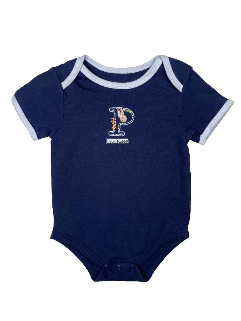 6-9 mo, The Original Peter Rabbit, Blue, Short-sleeve embroidered Peter Rabbit bodysuit, light blue trim