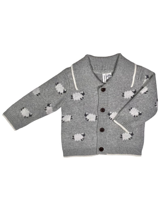 3-6 mo, Janie and Jack, Grey, NEW w/ tags - Jacquard sheep button-up collared cardigan