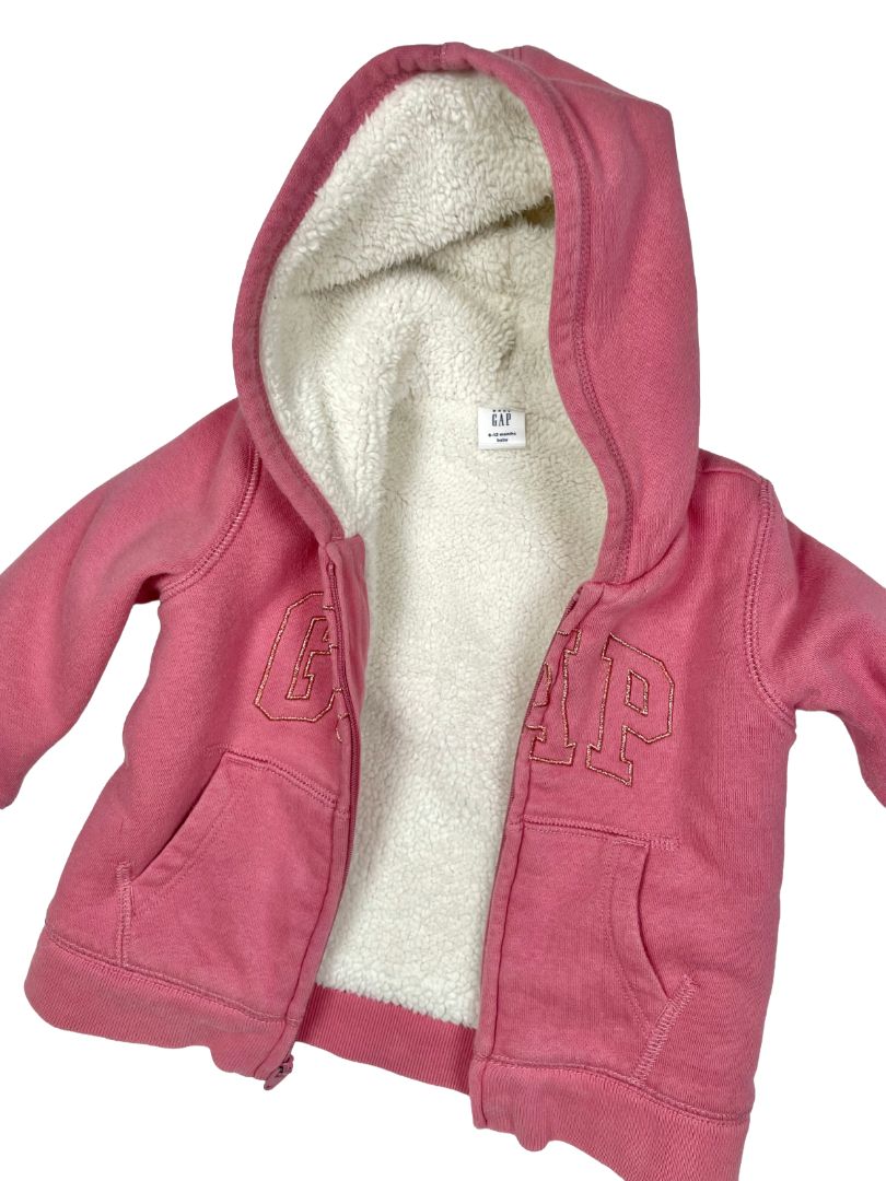 6-12 mo, babyGap, Pink, Shearling-lined zip-up sparkly logo hoodie