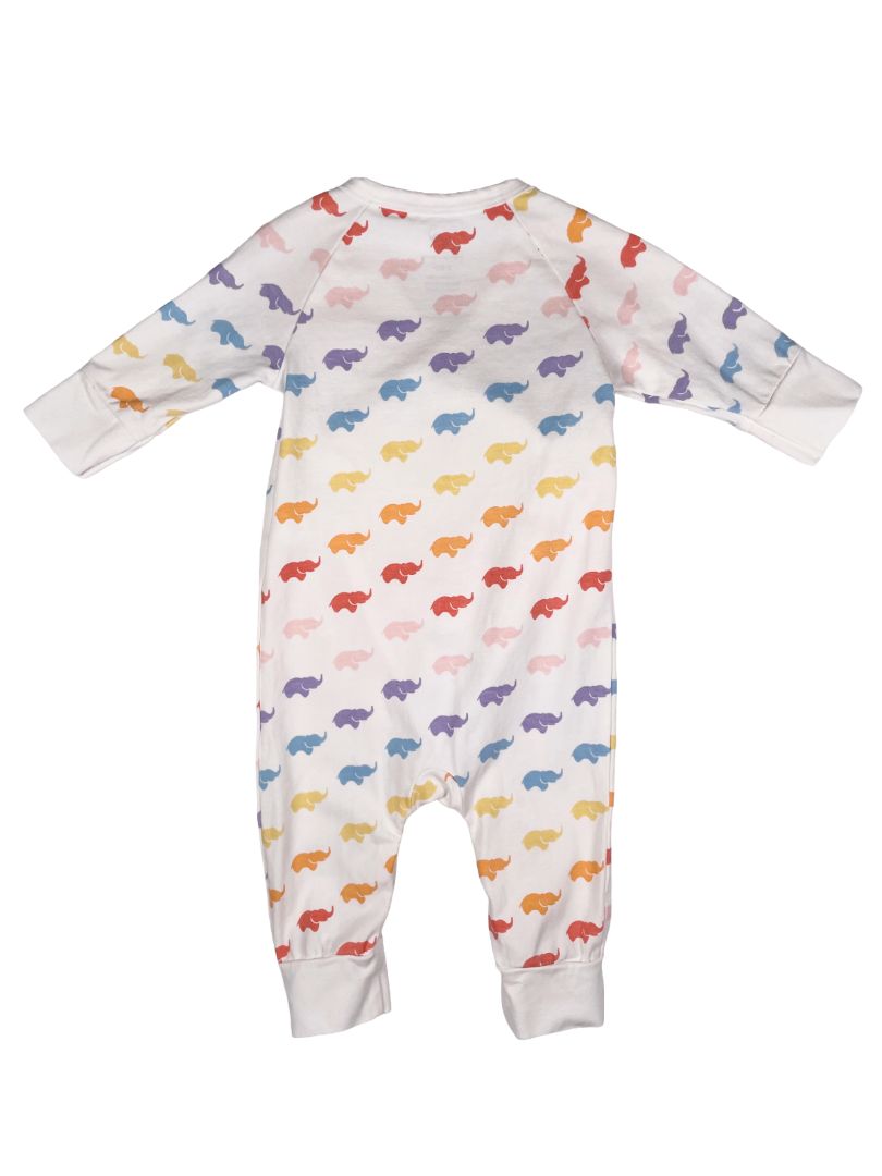 3-6 mo, Monica + Andy, White, Rainbow elephant print kimono tie one-piece, organic cotton + stretch