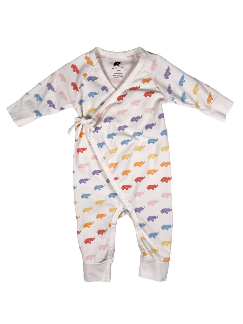 3-6 mo, Monica + Andy, White, Rainbow elephant print kimono tie one-piece, organic cotton + stretch
