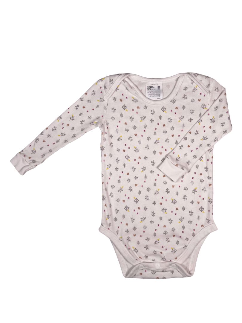 12-18 mo, Uniqlo, White, Small squirrel & floral print long-sleeve bodysuit