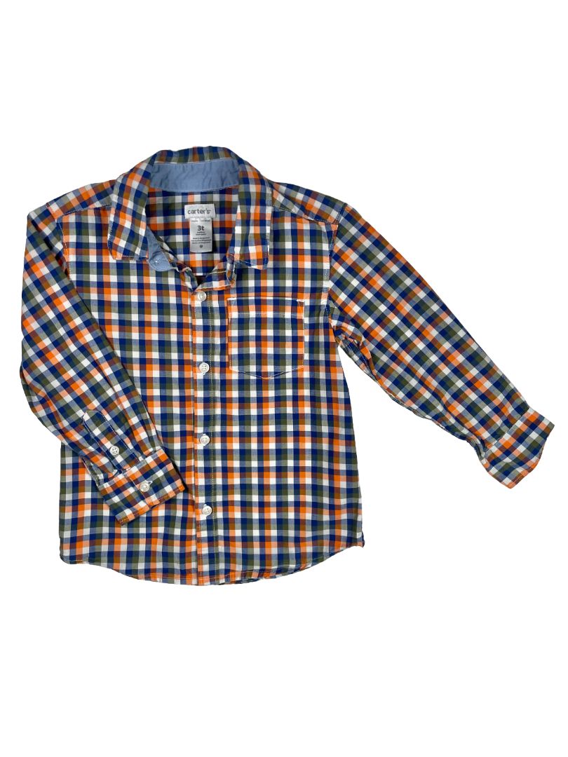 3/3T, Carter's, Orange, Blue/green/white gingham button-up shirt