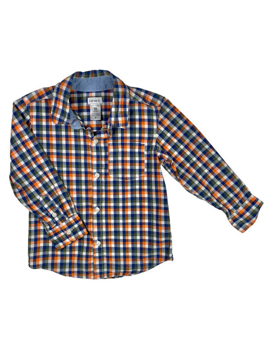 3/3T, Carter's, Orange, Blue/green/white gingham button-up shirt
