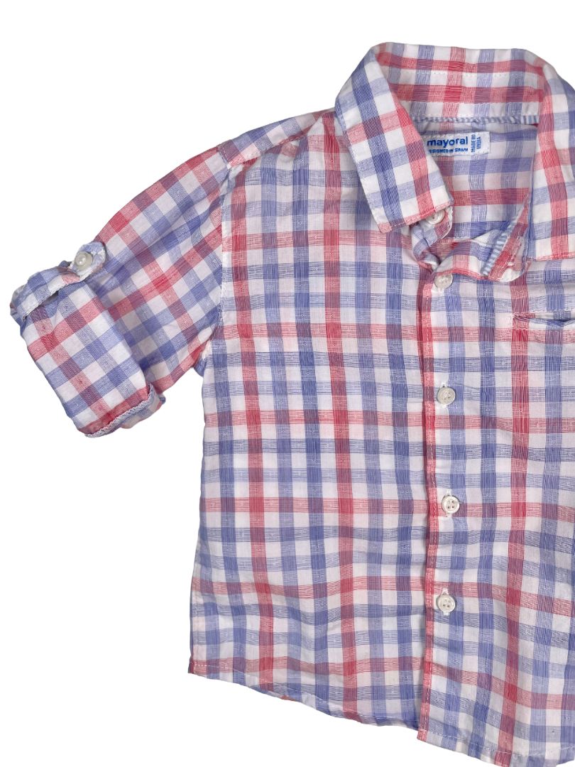6 mo, Mayoral, White, Red/Blue gingham long-sleeve button-up shirt