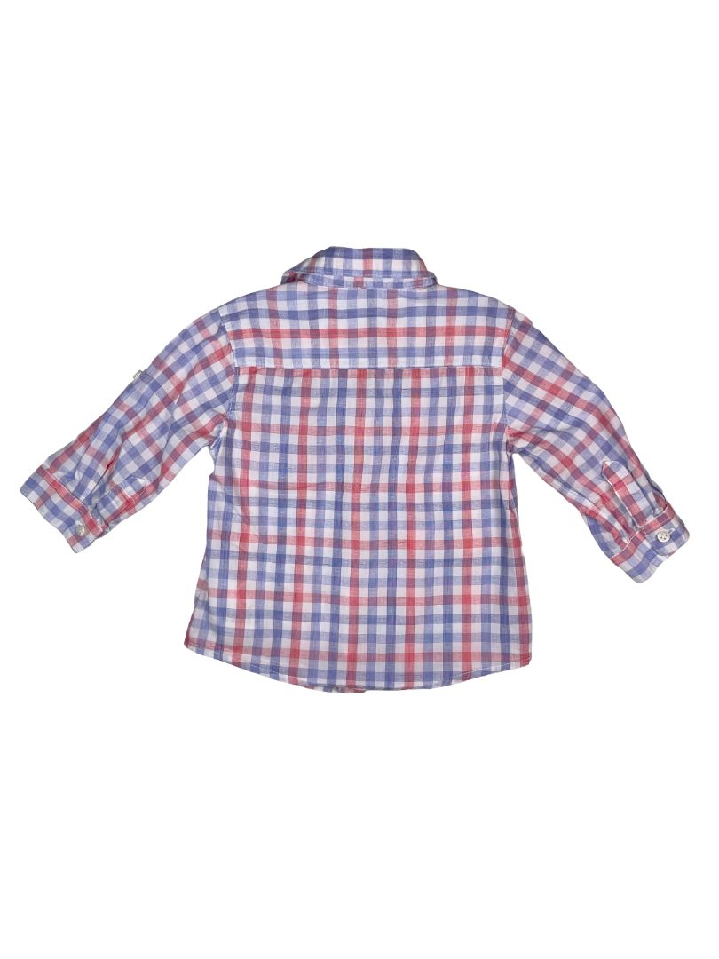 6 mo, Mayoral, White, Red/Blue gingham long-sleeve button-up shirt