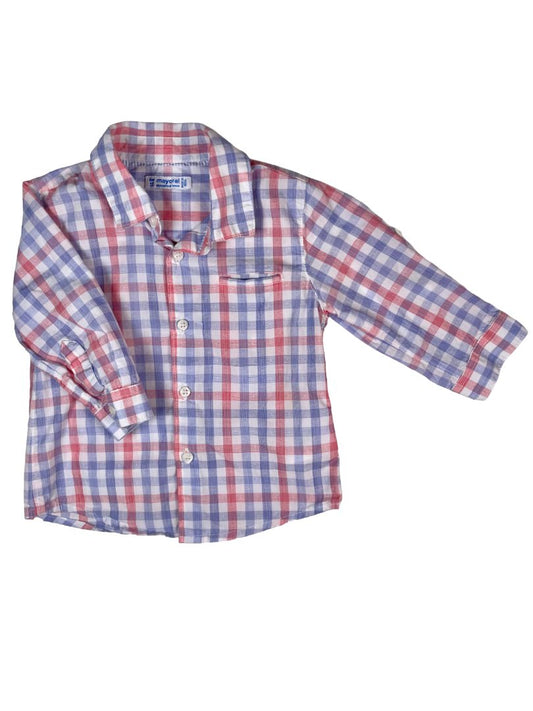 6 mo, Mayoral, White, Red/Blue gingham long-sleeve button-up shirt