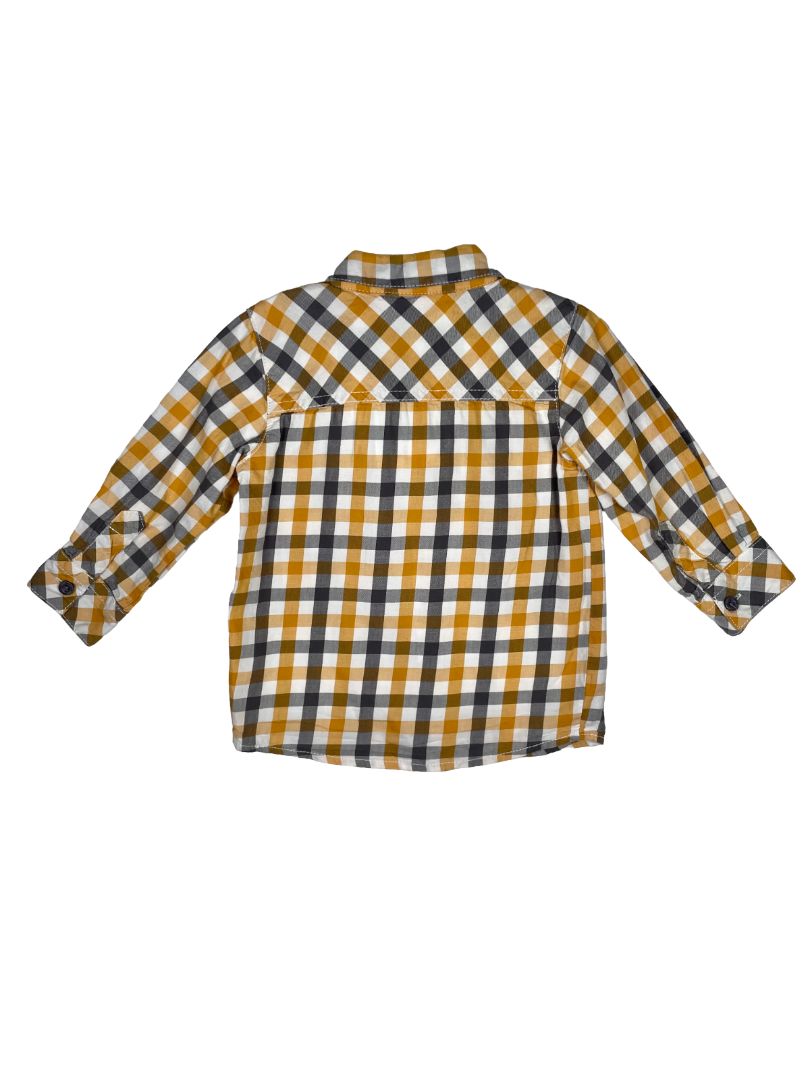12 mo, Petit Lem, White, Yellow/black gingham long-sleeve button-up shirt