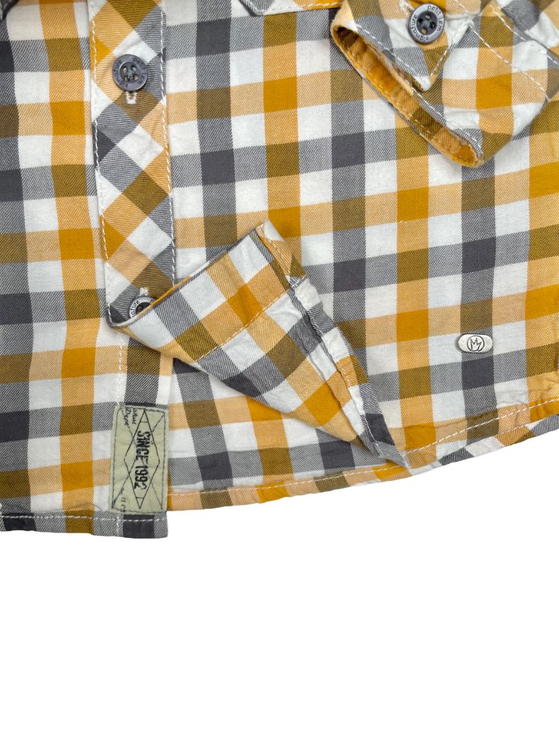 12 mo, Petit Lem, White, Yellow/black gingham long-sleeve button-up shirt