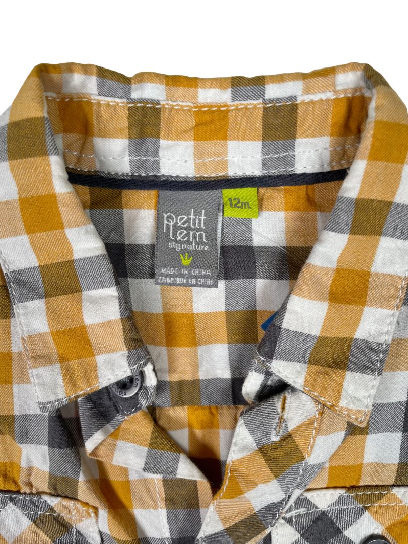 12 mo, Petit Lem, White, Yellow/black gingham long-sleeve button-up shirt