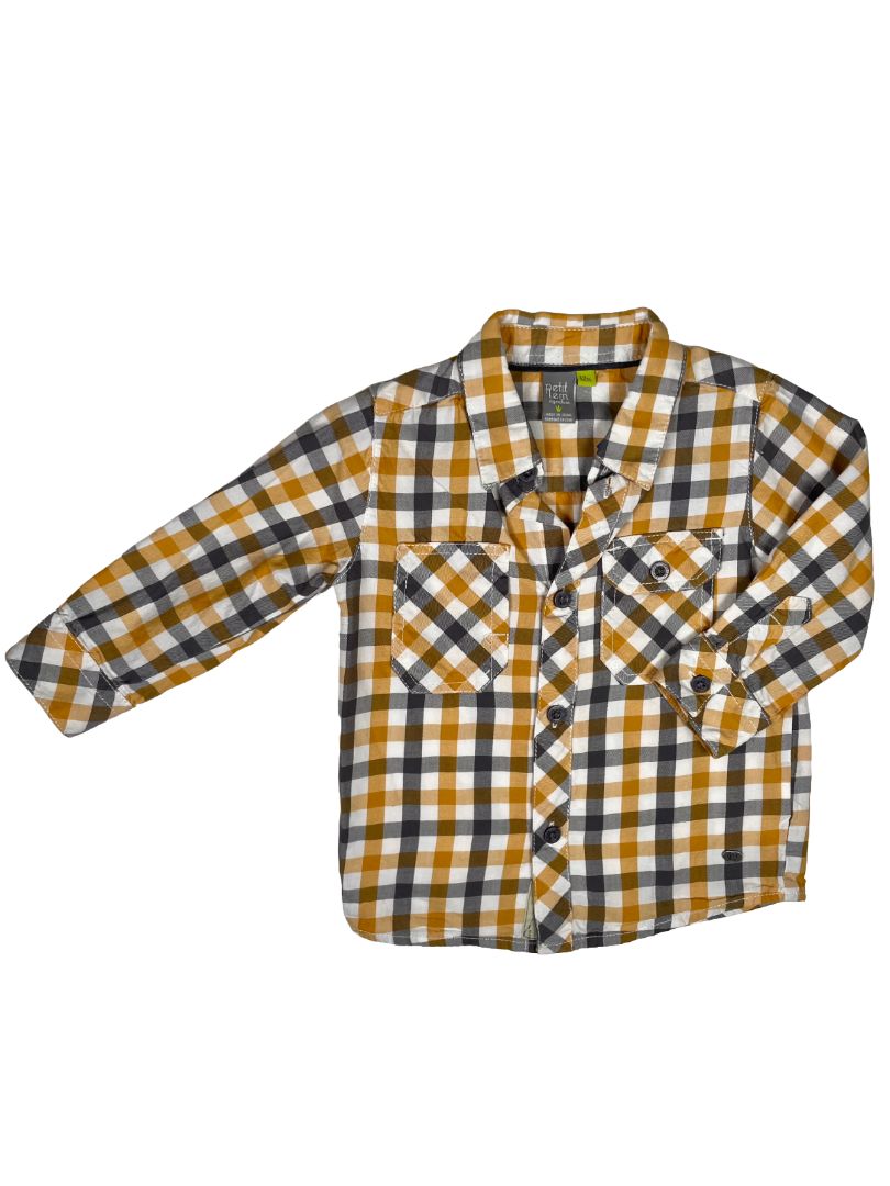 12 mo, Petit Lem, White, Yellow/black gingham long-sleeve button-up shirt