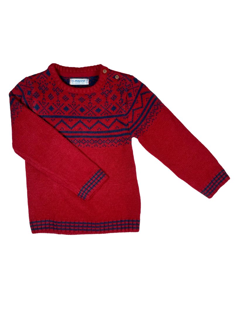 24 mo, Mayoral, Red, Jacquard sweater, blue pattern, buttons at shoulder