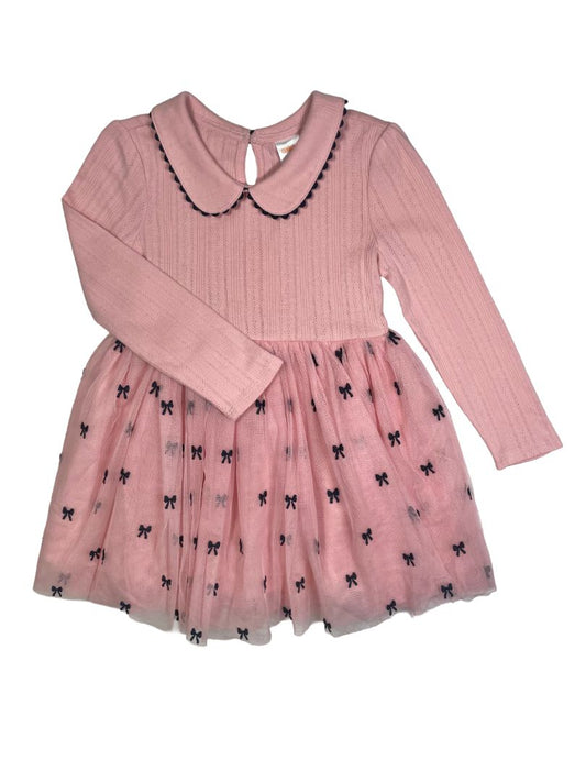 5/5T, Gymboree, Pink, NEW w/ tags - Pointelle long-sleeve dress, tulle skirt w/ embroidered black bows