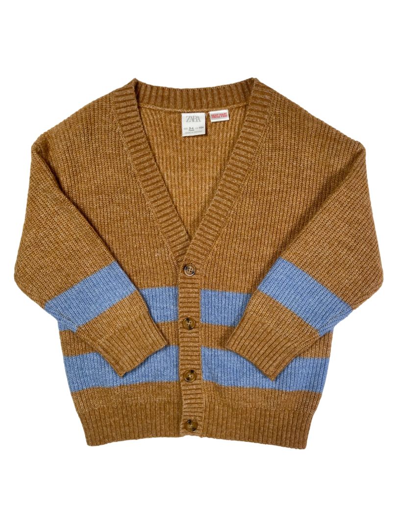 3-4, Zara, Brown, Soft blue striped button-up cardigan