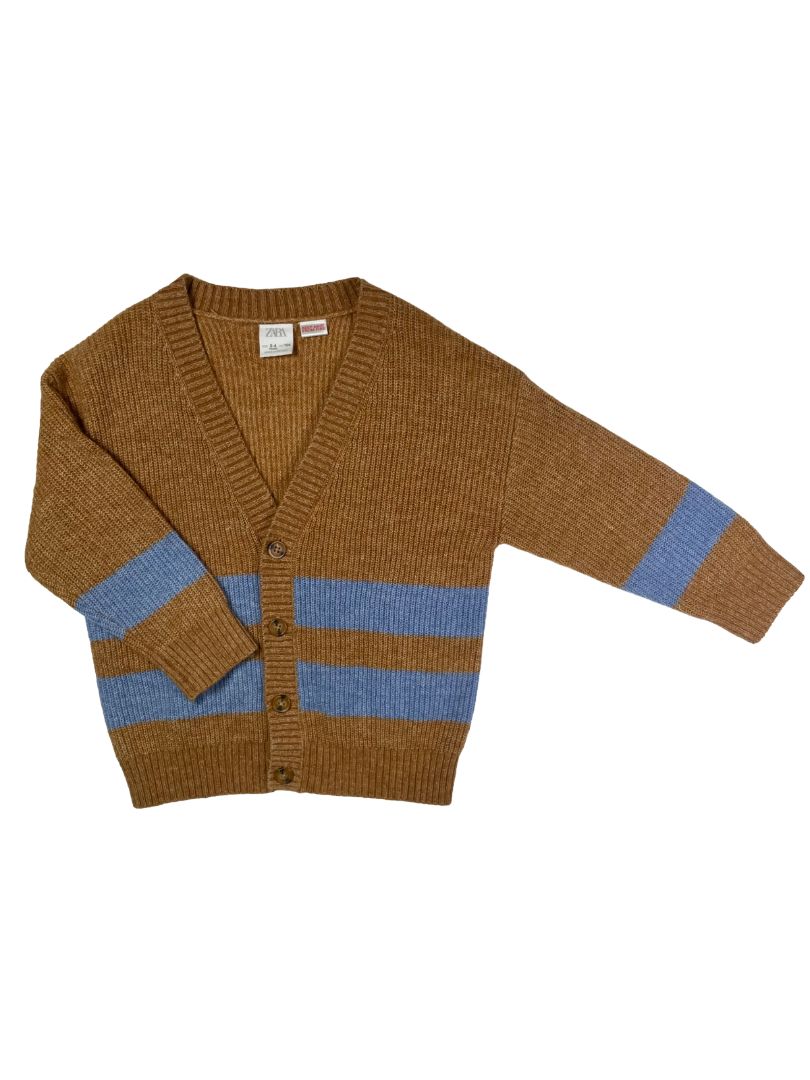 3-4, Zara, Brown, Soft blue striped button-up cardigan