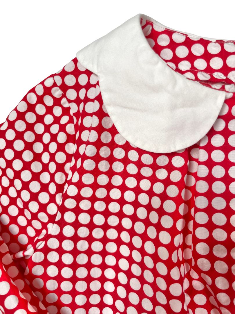 4/4T, Jacadi, Red, White polka dot long-sleeve cotton blouse, scallop peter pan collar