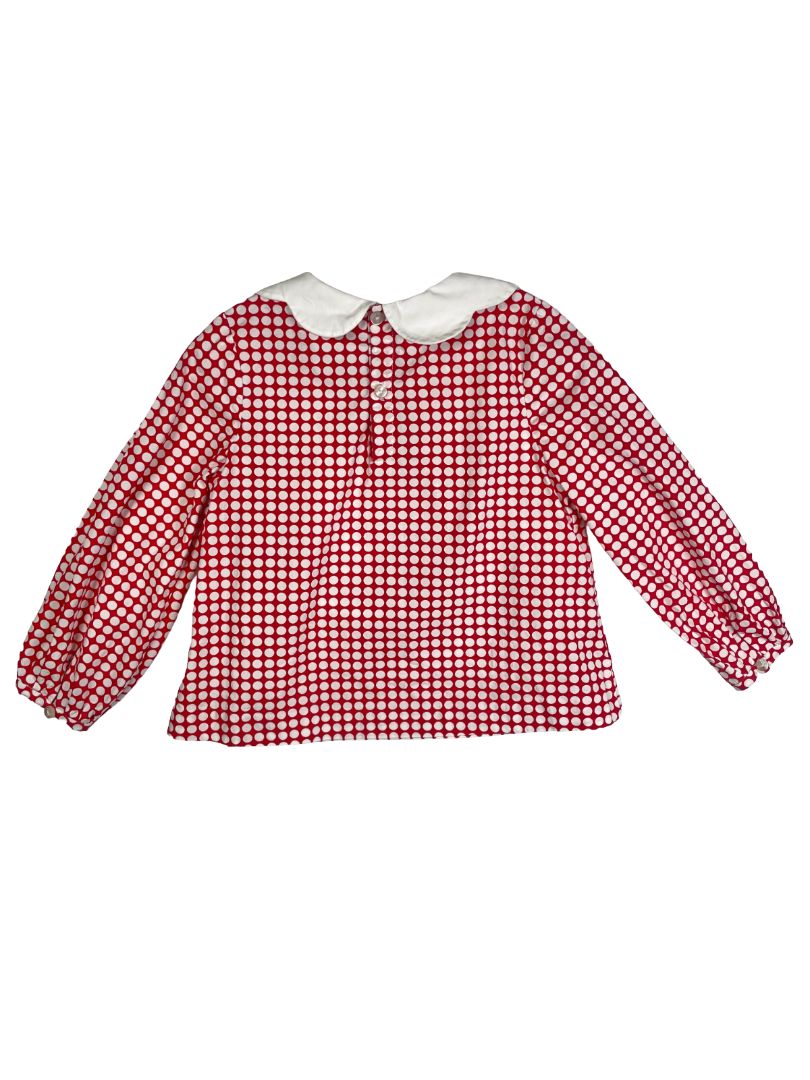 4/4T, Jacadi, Red, White polka dot long-sleeve cotton blouse, scallop peter pan collar