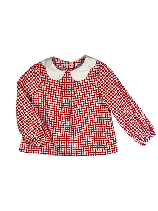 4/4T, Jacadi, Red, White polka dot long-sleeve cotton blouse, scallop peter pan collar