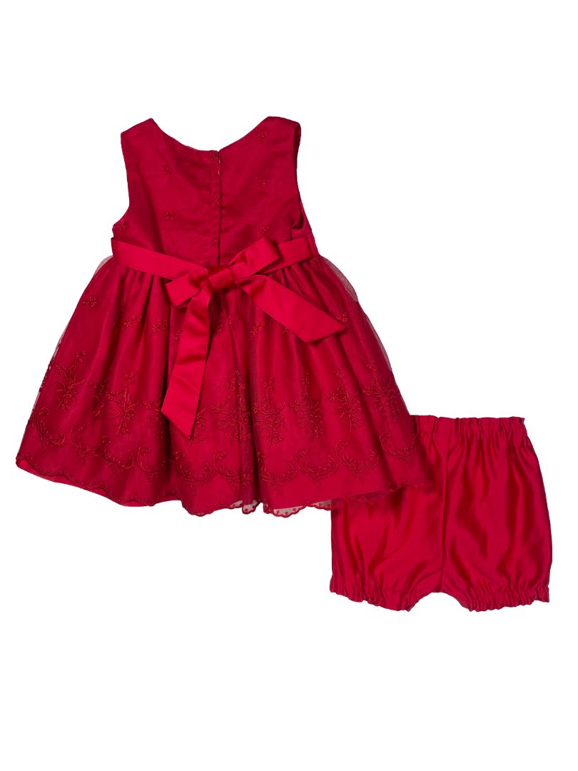 18 mo, My Princess Wear, Red, Sleeveless special occasion dress, waist bow, embroidered overlay + bloomers SET