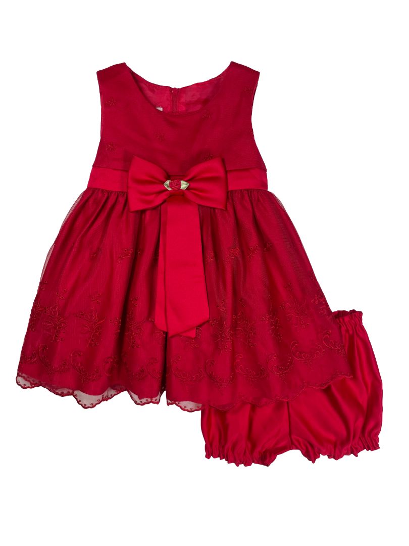 18 mo, My Princess Wear, Red, Sleeveless special occasion dress, waist bow, embroidered overlay + bloomers SET