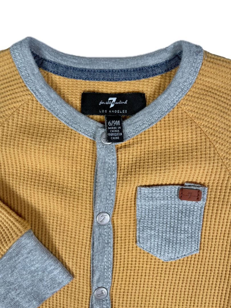 6-9 mo, 7 for All Mankind, Yellow, Footed long-sleeve waffle-knit coverall, yellow/grey