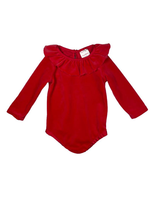 6-12 mo, Hanna Andersson, Red, Recycled plush velour long-sleeve bodysuit, ruffle collar