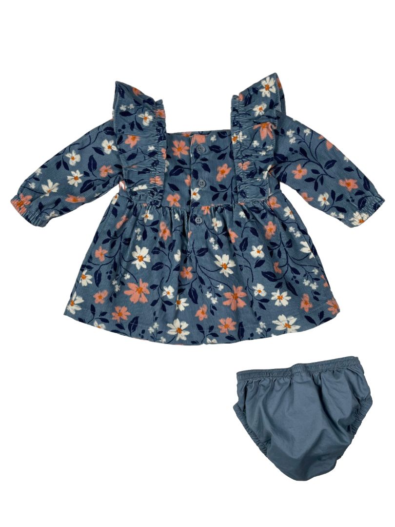 Newborn, Carter's, Blue, Long-sleeve corduroy floral dress w/ ruffle shoulders + diaper cover SET