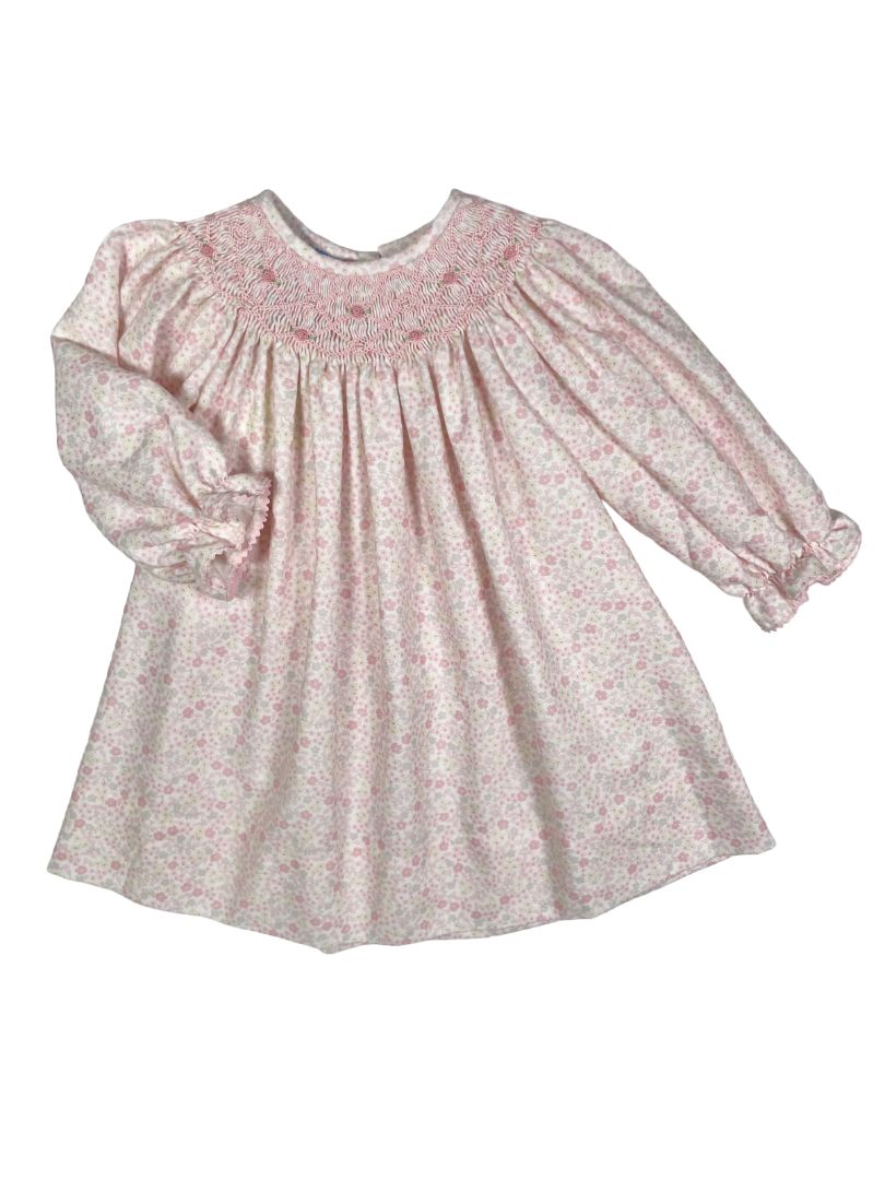 12 mo, Anavini, Pink, Soft floral long-sleeve dress w/ hand-smocked neckline, rosettes