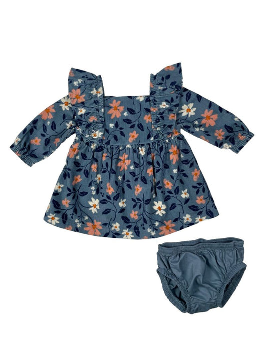 0 mo / Newborn, Carter's, Blue, Long-sleeve corduroy floral dress w/ ruffle shoulders + diaper cover SET