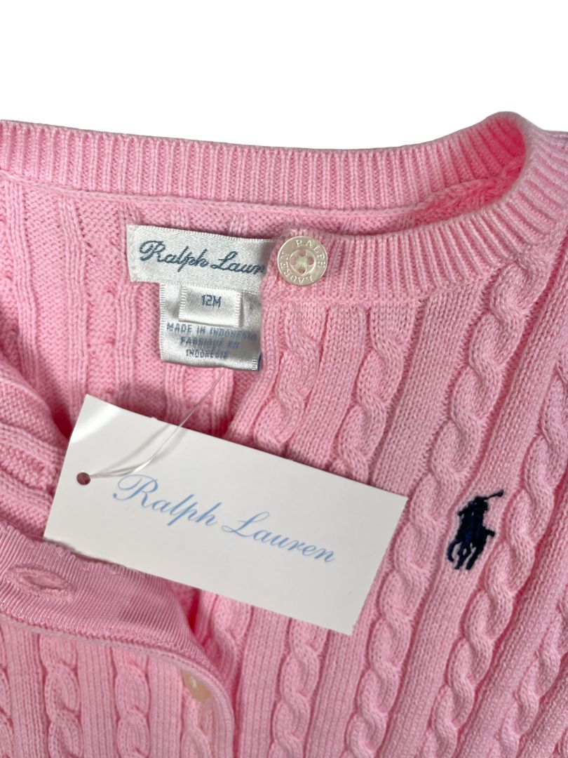12 mo, Ralph Lauren, Pink, NEW w/ tags - Cable-knit button-up cardigan, navy emblem